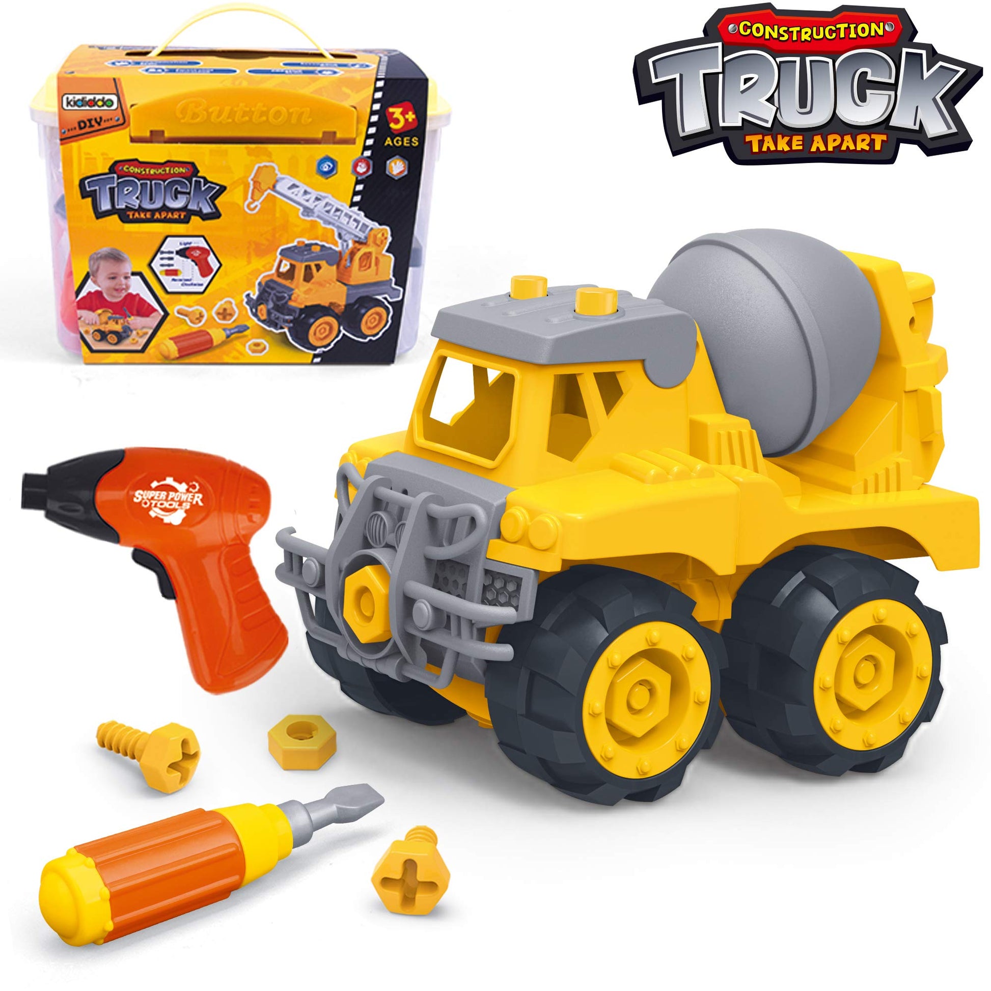 Cement Mixer Toy Truck for 3 + Years Old Kids Take Apart Toy with Screwdriver and Electric Drill Kids Construction Vehicle Toy E