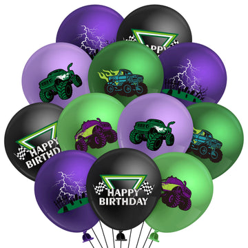 Haooryx Monster Truck Birthday Balloon - 50Pcs Green Purple Monster Truck Lightning Print Latex Balloon Kit For Kid Boy Baby Shower Happy Birthday Themed Party Decoration Photo Prop Backdrop Supply