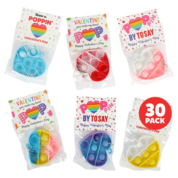 Funeta Valentines Pop Its - 30 Pack Fidget Cards for Kids, Silicone Keychains in Red, White, Blue, Pink, Yellow, Purple