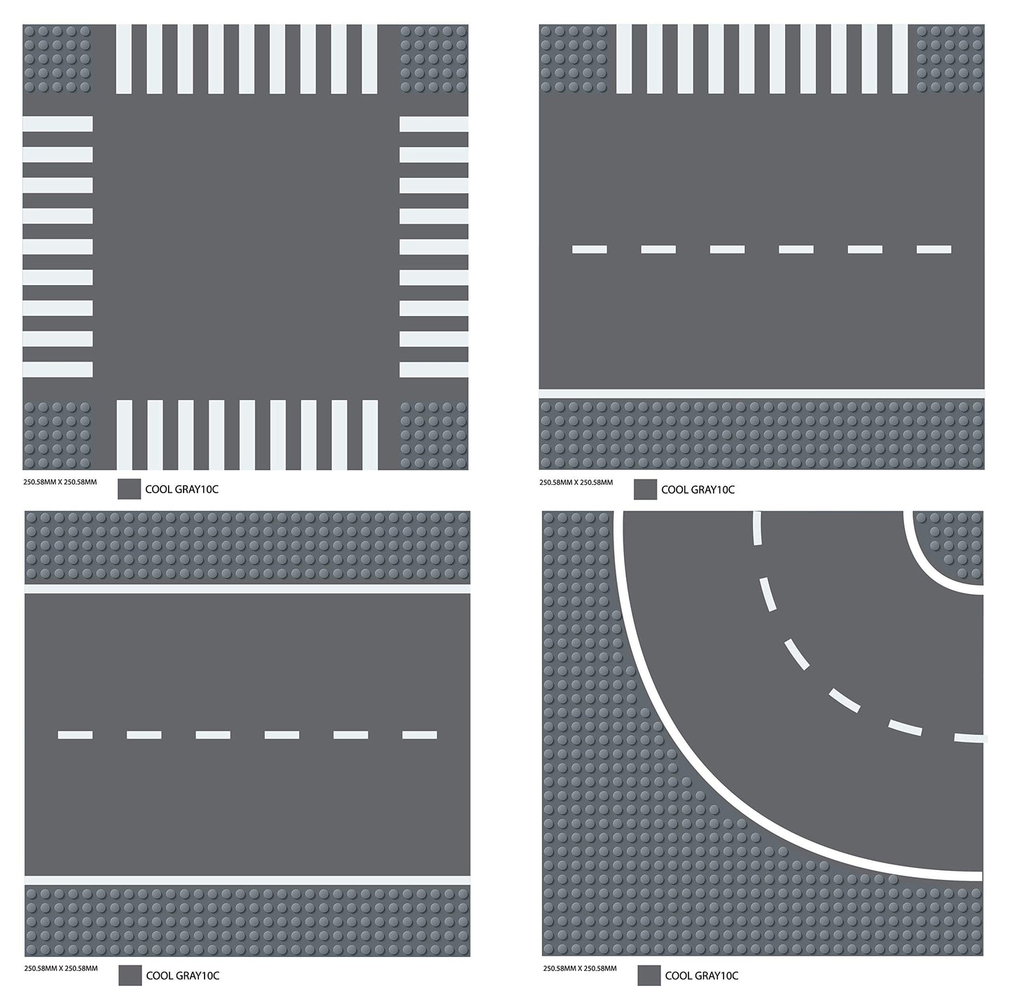 Custom Toys & Hobbies 8 Piece City Building Block Road Base Plates- Straight Crossroads Curve T-Junction Plate-10X10 Inches- Chr