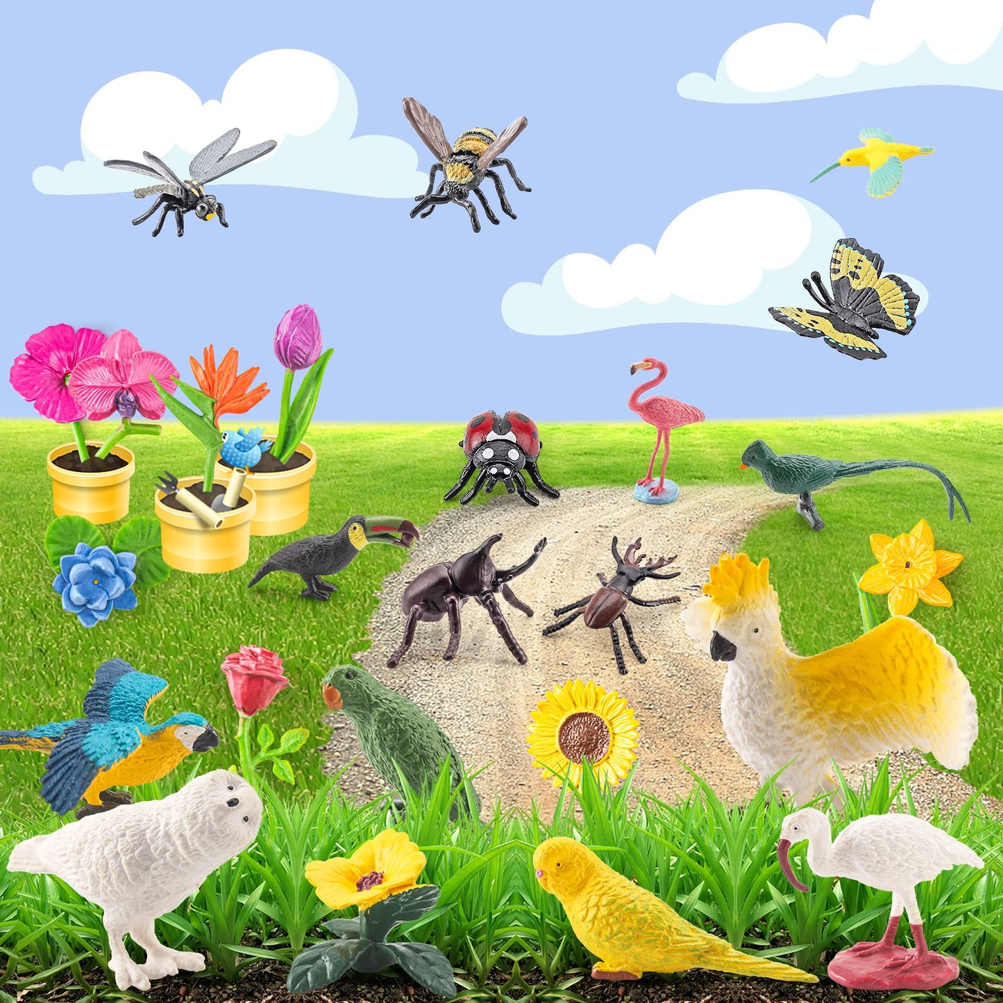 BRETOYIN 24PCS Realistic Bird Animals Figurines Plastic Flower Toys Mini Insect Toys Set for Toddlers Age 3+ Educational Project