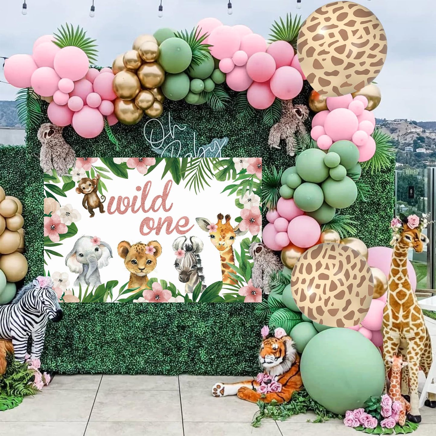 Pink Wild One Balloon Arch With Backdrop 59X40 Inch For Wild One Birthday Decoration, Safari Jungle Balloons Garland Arch Kit Gi