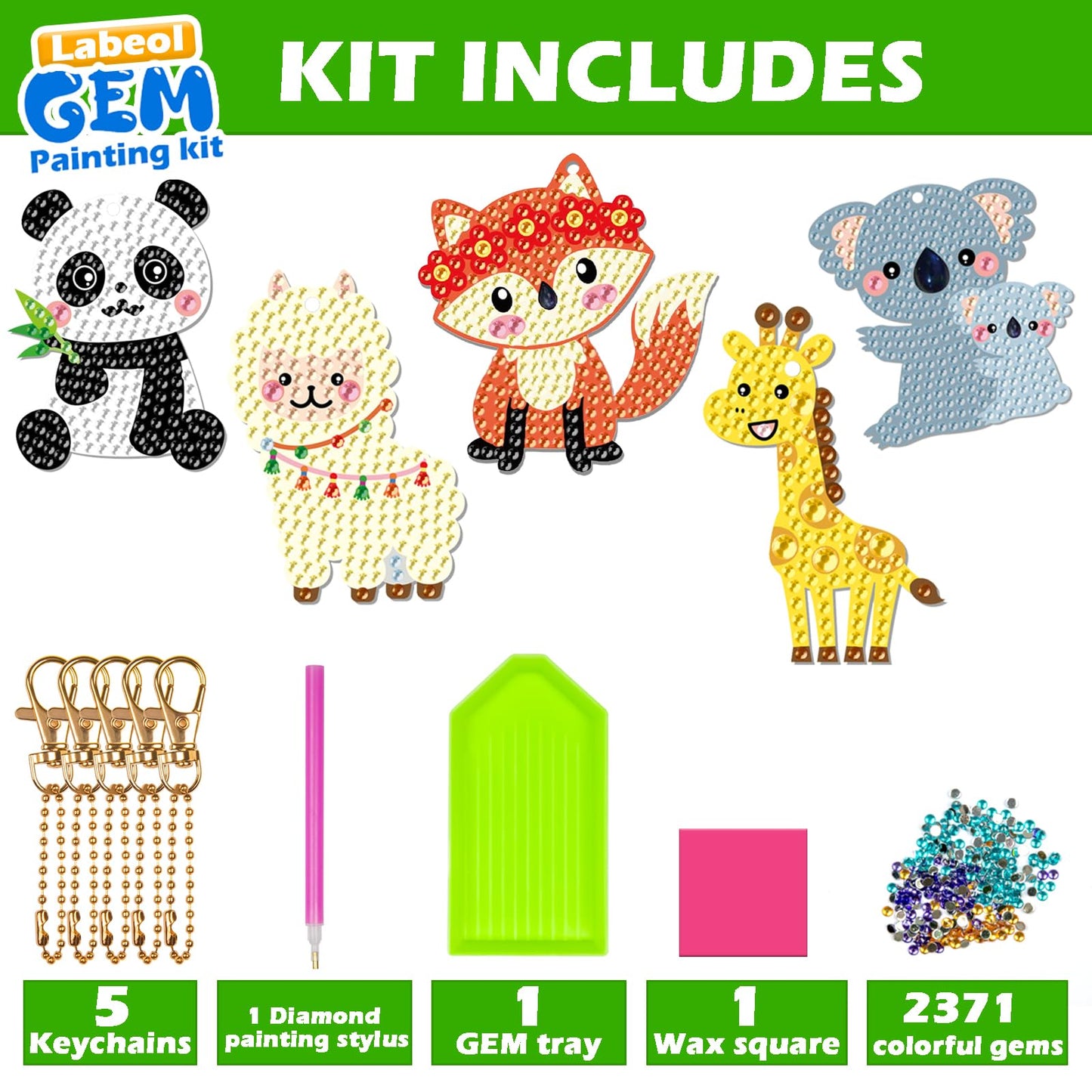 Labeol GEM Art Kit for Kids - 5D Diamond Art Keychains - Ages 8-12 - Canvas - Animal Design