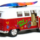Set of 4 Vehicles: 5'' 1962 VW Classic Van Flowers with Surfboard (Red, Green, Maroon and Yellow)