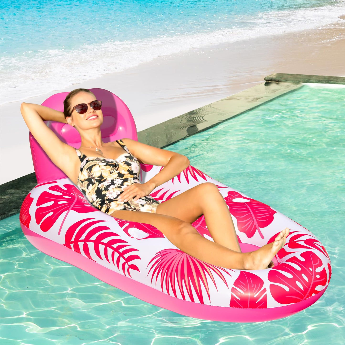 FindUWill Pool Floats mature-themed - 2 Pack Oversized Pool Chairs  Tanning Pool Lounger  Inflatable Pool Float Lounge with Cup  Phone Holder  Backrest  Footrest (Blue&Red)