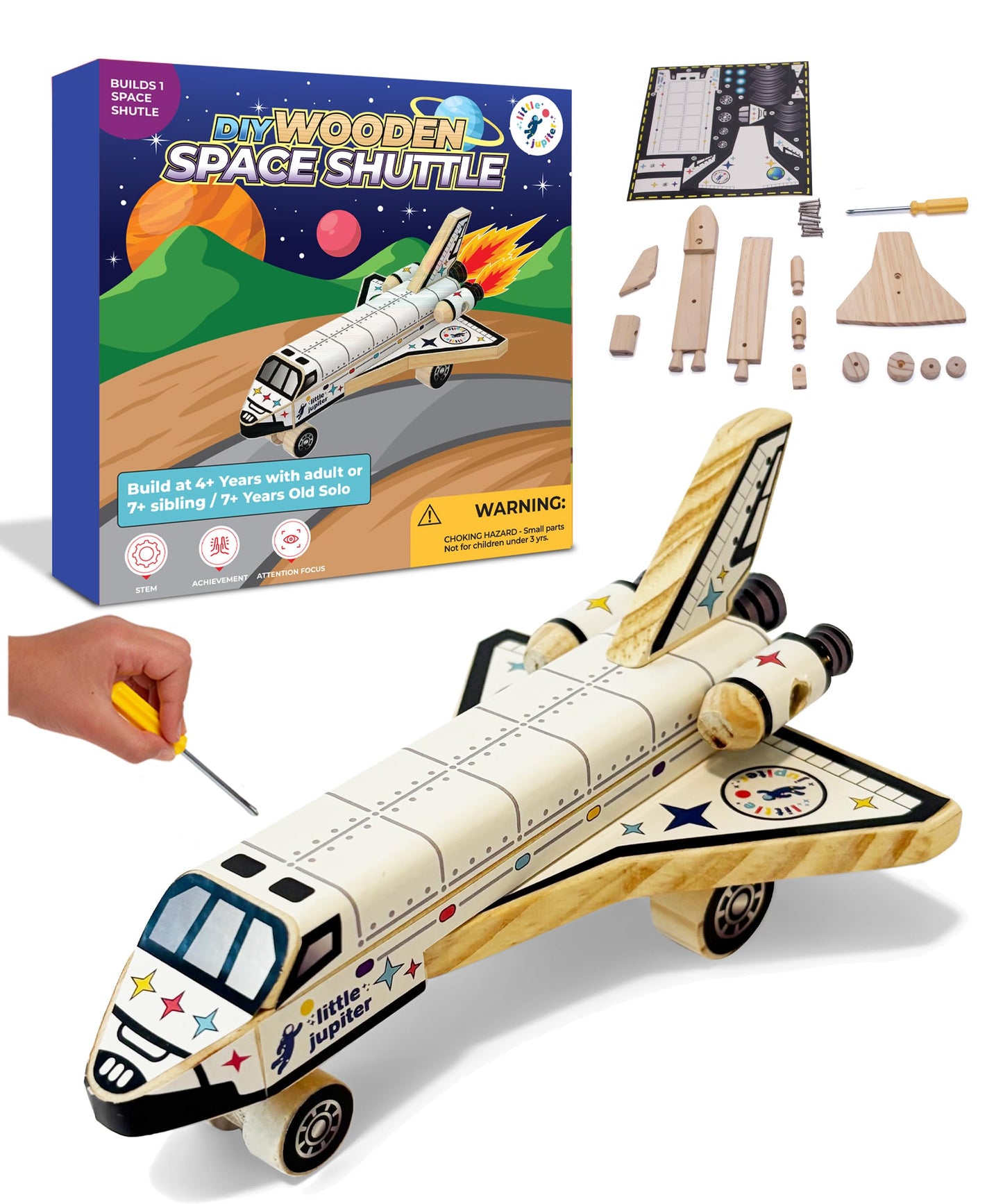 DIY Build Your Own Space Shuttle Toy Model - Wooden Kit w/Stickers - Kids Wood Building Kit for Boys & Girls - Toy Spaceship Ste