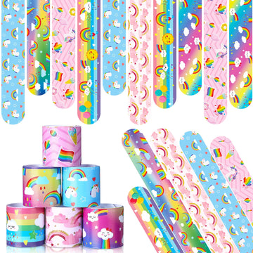 Junkin 24 Pcs Rainbow Party Favor Rainbow Slap Bracelets for Kids Wristbands Bracelets Cloud Party Favor Unicorn Rainbow Party D