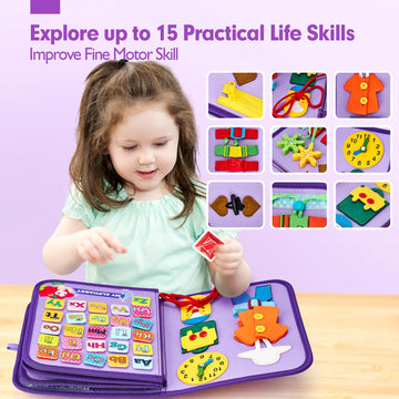 Hahaland Busy Board Montessori Toys - 3 Year Old Girl Gifts Bithday Gift Ideas - 7 In 1 Preschool Learning Activities - Christmas Toddler Stocking Stuffers Gifts