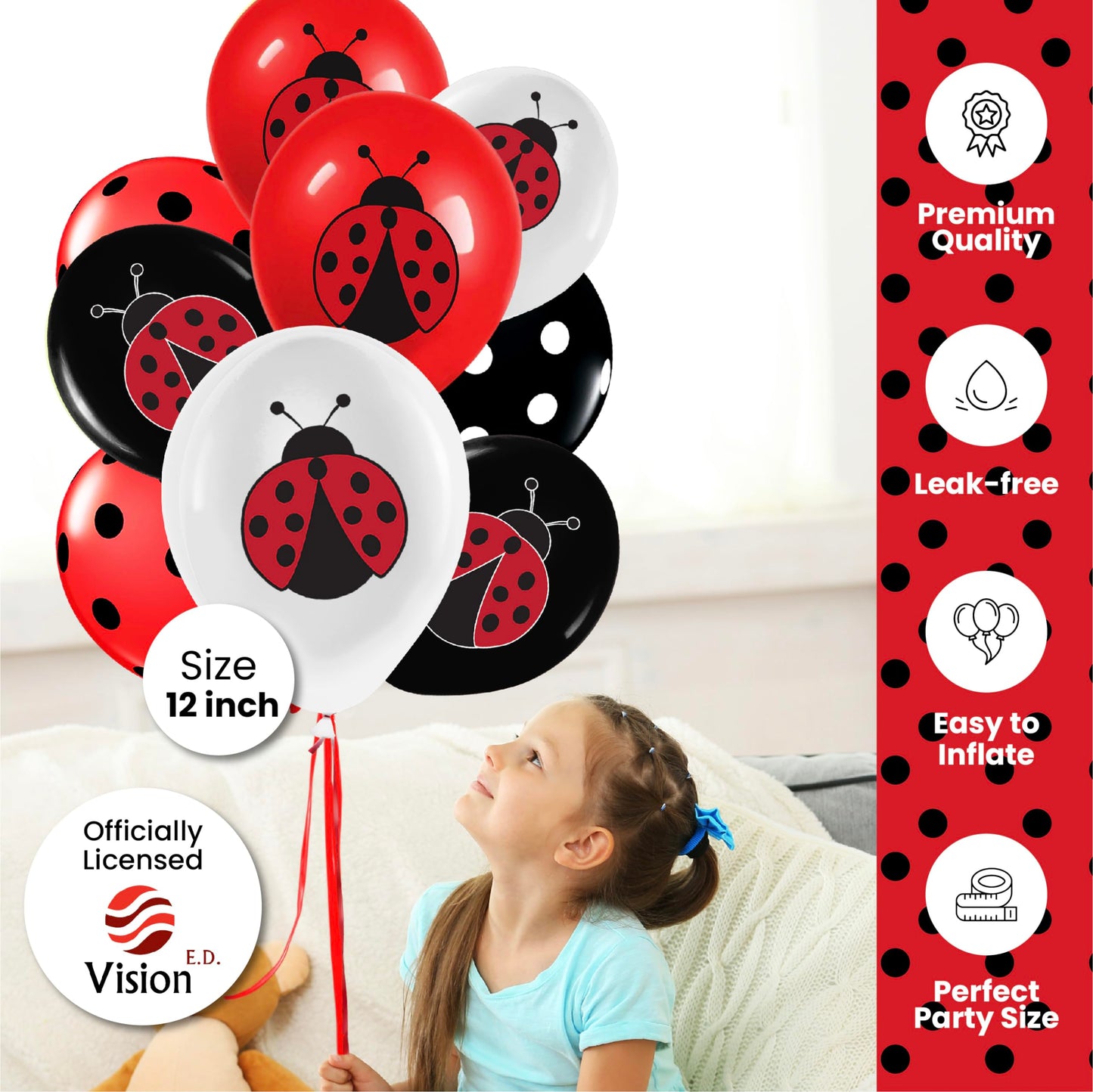 Ladybug 12'' Birthday Party Balloons 50 Pcs | Red Black Polka Dots Ladybug Design Premium Latex Balloons | Perfect For Ladybug B