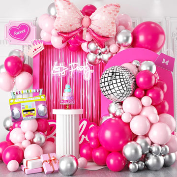 Pink Balloon Garland Arch Kit, Hot Pink Silver Balloon Arch With Disco And Bow Foil Balloon For Theme Party Girl Birthday Party Baby Shower Princess Decorations