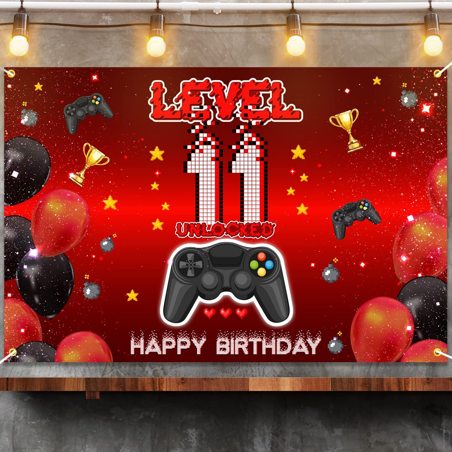Level 11 Unlocked Backdrop Banner Decorations Video Game On Happy 11th Birthday for Boys Kids Red and Black 11 Years Old Level U