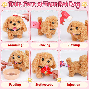 Tsomtto Interactive Dog Toy Walking Barking Veterinarian Playset for Kids Puppy Stuffed Animal with Carrier & Accessories Preten