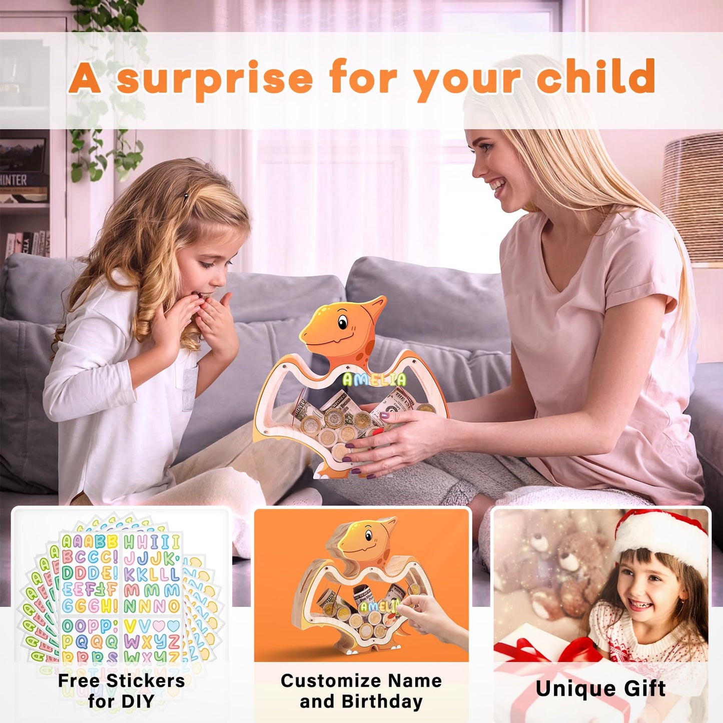 Wooden Piggy Banks For Kids Girls Boys Dinosaur Pterosaur Money Bank Toddler Indestructible Piggy Bank Diy Personalized Customiz