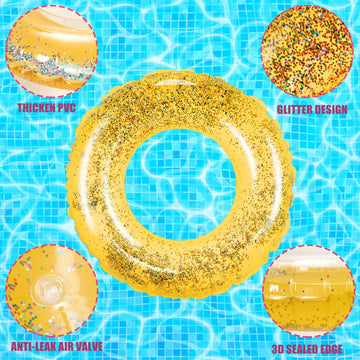 Whaline 4Pcs Inflatable Pool Floats Toys Swim Tubes Rings Glitter Yellow Pool Tube For Teen Boys Girls Outdoor Summer Swimming Pool Beach Party Favors Supplies