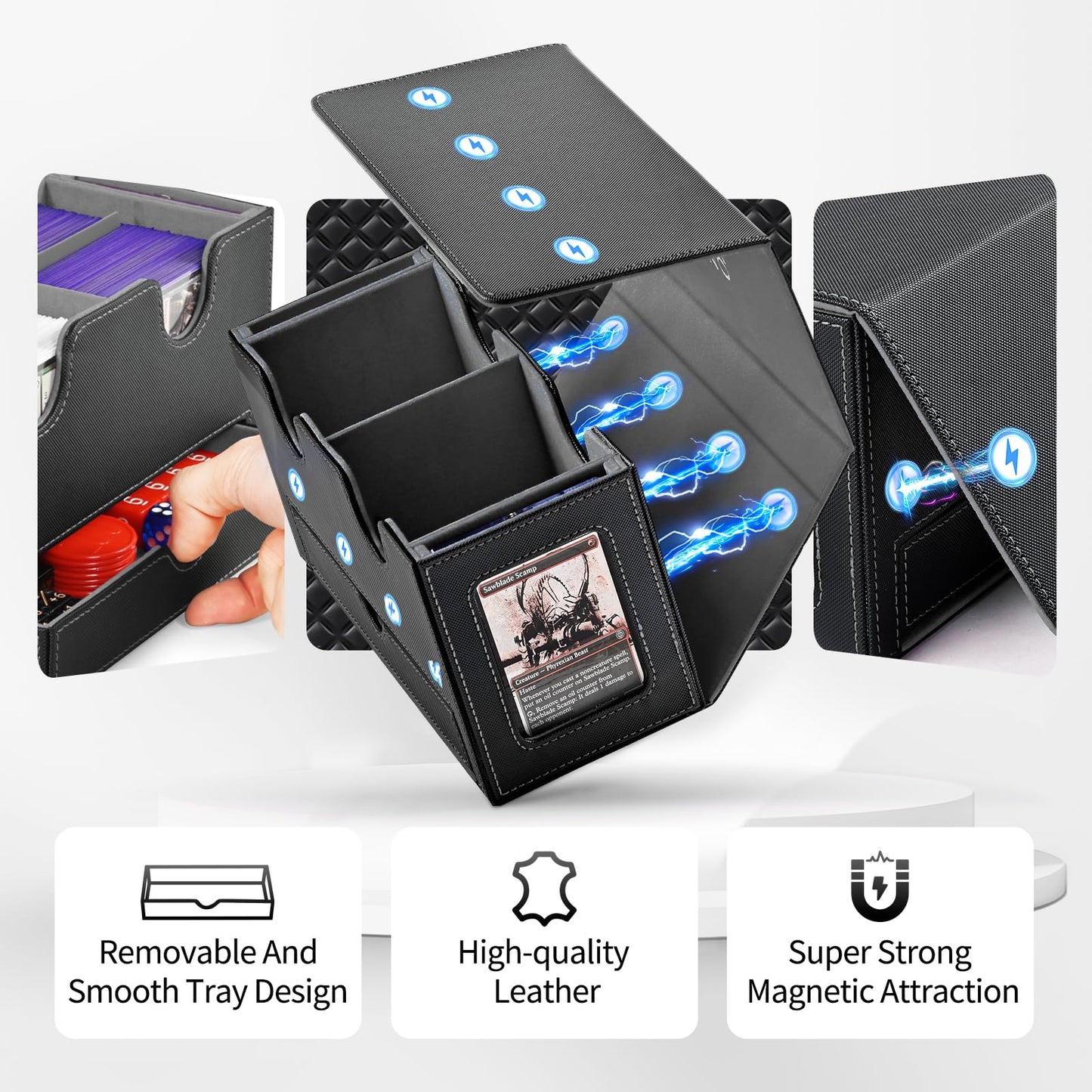 Uaono Card Deck Box For Mtg, Double Card Storage Box With 2 Commander Display & 1 Dice Tray, Fits 200+ Double Sleeved Cards, Card Organizer For Ccg Tcg Sports Cards (Black Gray)