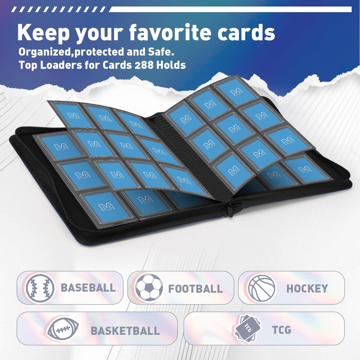 Toploader Binder Trading Card Binder Storage Hold up 288 Cards 9-Pocket Top Loader Binder with Sleeves for 3x4 Rigid Toploaders Hard Cases (9Navy Blue)