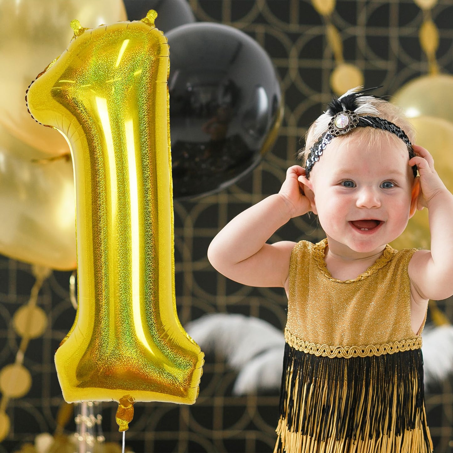 Laser Gold Number 1 Balloons, 40 Inch Foil 1 Balloons For 1 Year Old Birthday Decor, Giant Helium Self Inflating 1 Number Balloo