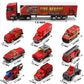 19 Pcs Fire Truck with Firefighter Toy Set, Mini Die-cast Fire Engine Car in Carrier Truck, Mini Rescue Emergency Double Side Tr