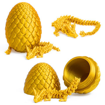 Flavery Dragon Egg - Gold - 3D Printed Egg With Flexible Pearly Sheen Dragon Inside, 3D Printed Surprise Gift, Articulated Drago