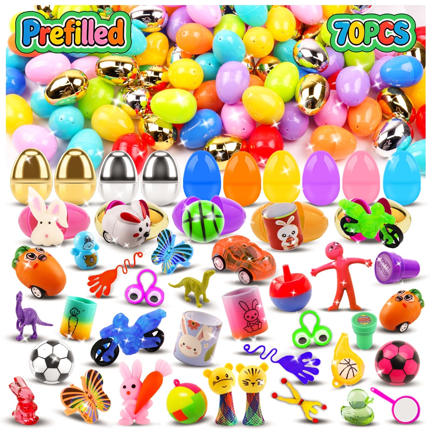 Kiss Monkey 70 PCS Prefilled Easter Eggs with Toys,Filled Easter Eggs with Toys Inside,Easter Basket Stuffers for Kids,Prefilled