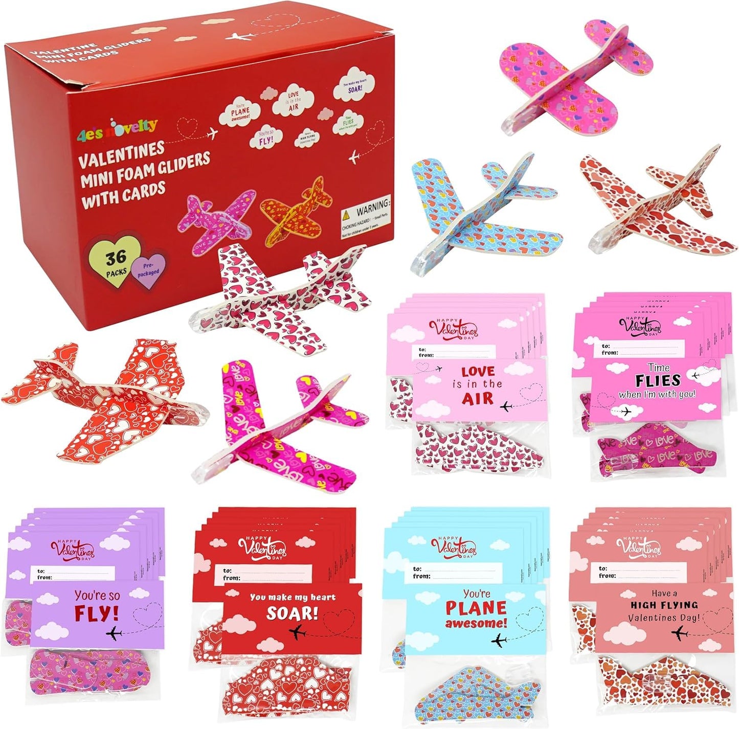 4Es Novelty 36 Pack Valentines Day Foam Airplanes Gliders with Valentines Cards for Kids Boys Girls, Individually Wrapped, Clas