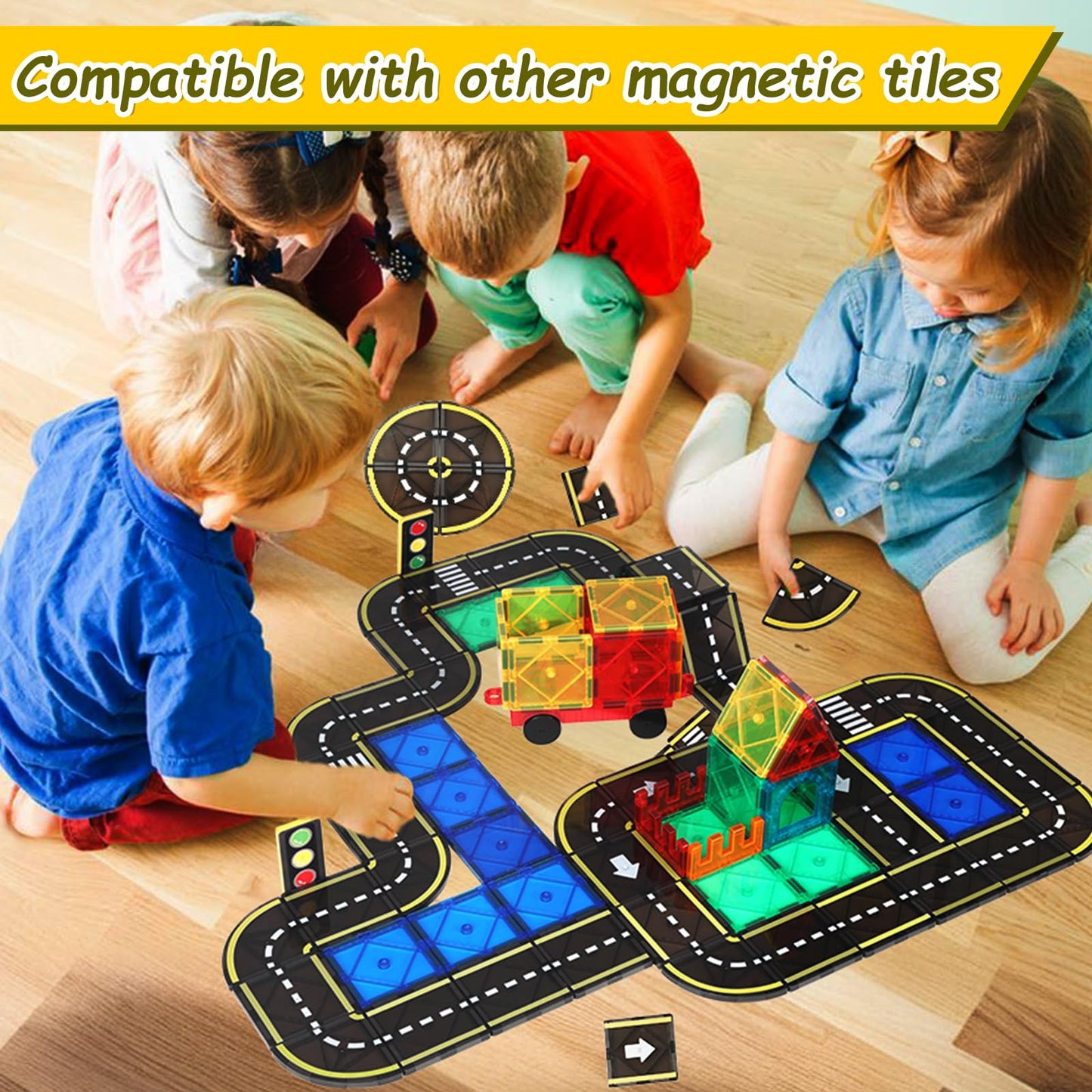 Benoker Magnetic Tiles Road Set, Stem Magnet Building Blocks For Toddler Kids, Montessori Educational Toy Gifts For 3+ Year Old