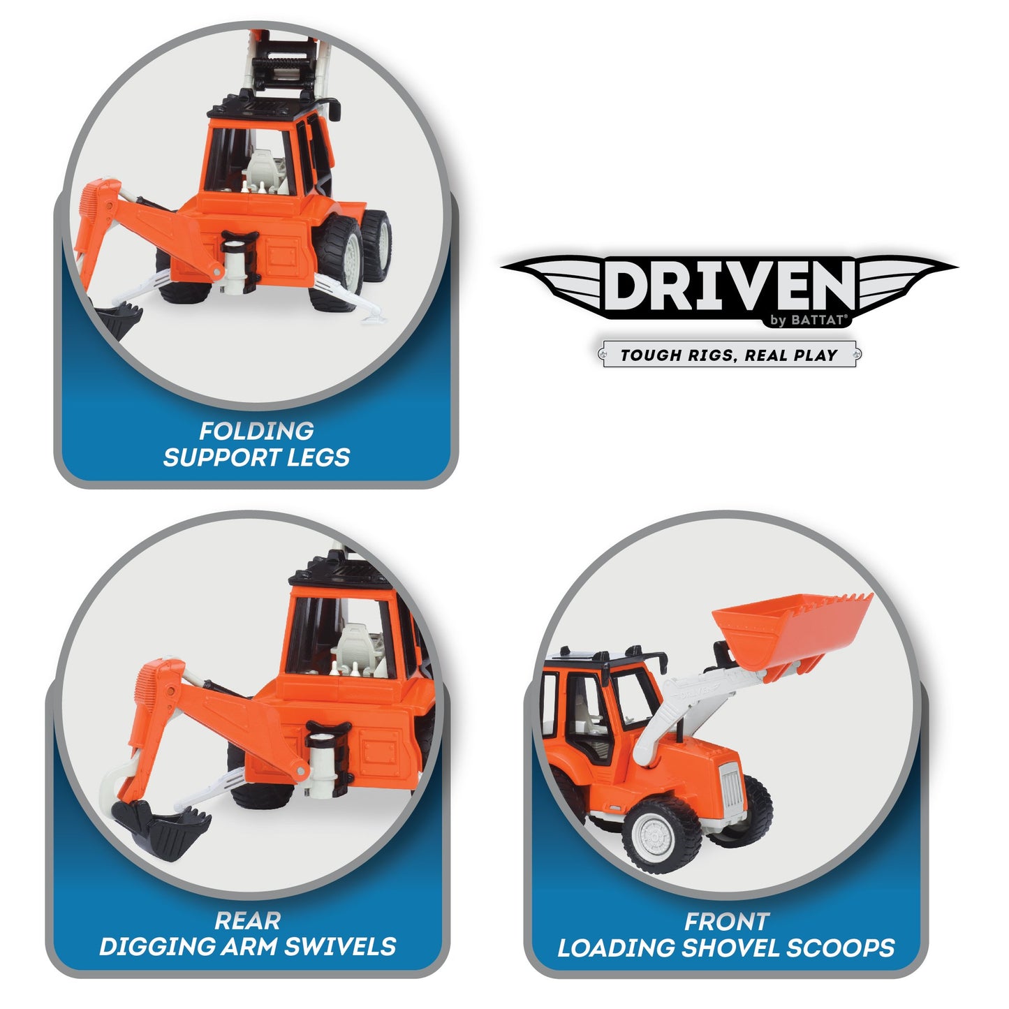 Driven By Battat - 4 Construction Toys For Kids&Toddlers - 7.5'' Crane Toy, 7'' Dump Truck, 6.5'' Cement Mixer, 7'' Excavator Ba