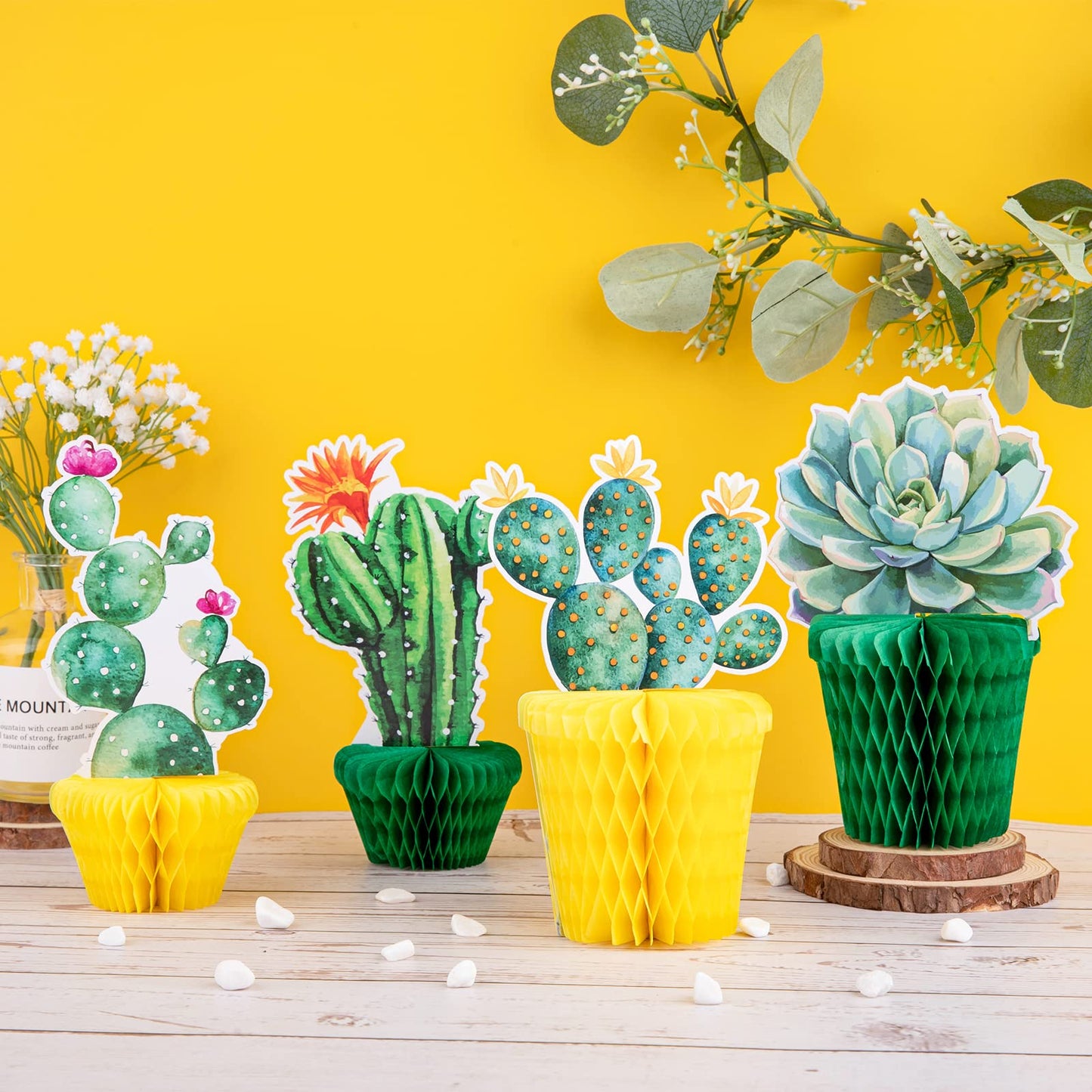 Whaline 10Pcs Cactus Honeycomb Centerpiece Potted Succulent Paper Table Topper Rustic Bloom Theme Summer Party Table Decoration For Birthday Hawaiian Luau Baby Shower Photography