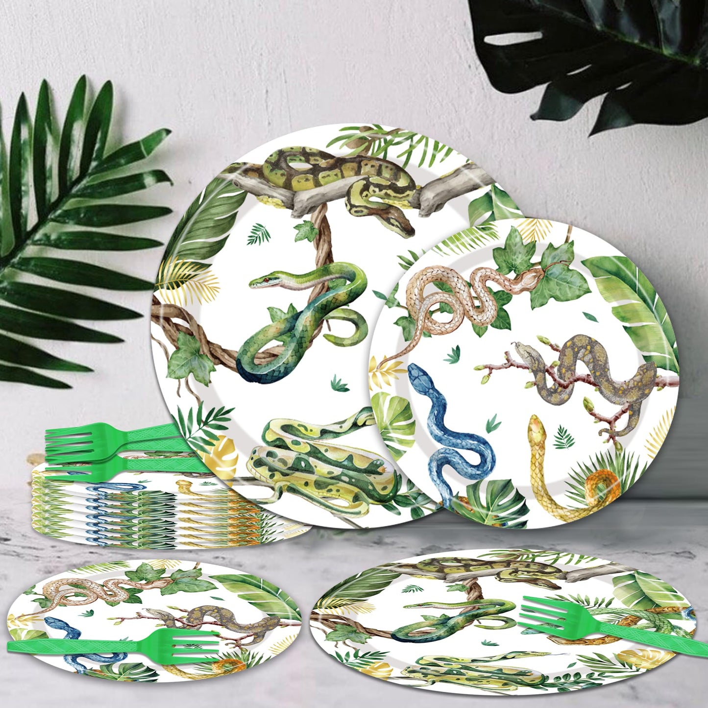 Reptile Snake Birthday Party Decorations - 96 PCS Snake Plates and Napkins Party Supplies Jungle Wildlife Wilderness Reptile Sna