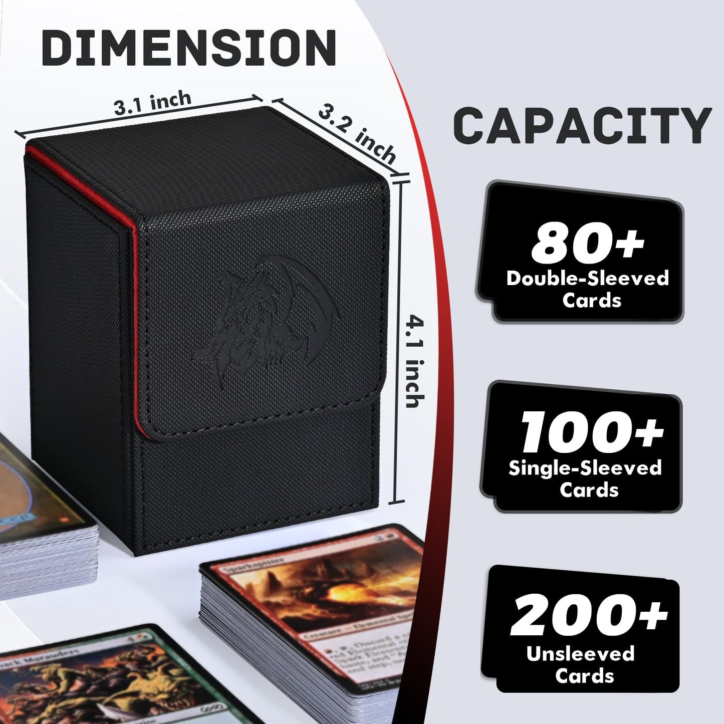 Zlca Card Deck Box For Trading Cards With 2 Dividers, Card Storage Box Fits 100+ Single Sleeved Cards, Pu Leather Card Deck Case Holder For Magic Commander Tcg Ccg (Black&Red,Emperor Dragon)