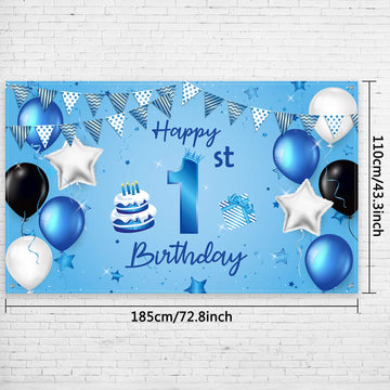 Blulu Happy 1st Birthday Backdrop Banner, Blue Polyester, 72.8 x 43.3 Inch, Baby Shower Decorations, Model Blulu-Photography Background-06
