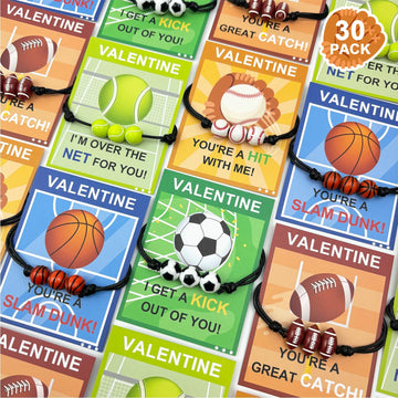 Sports Bracelet Valentines Day Gifts for Kids School Classroom,30 Pack Adjustable Bracelets w/ Cards for Toddler Boy Girl,Valent