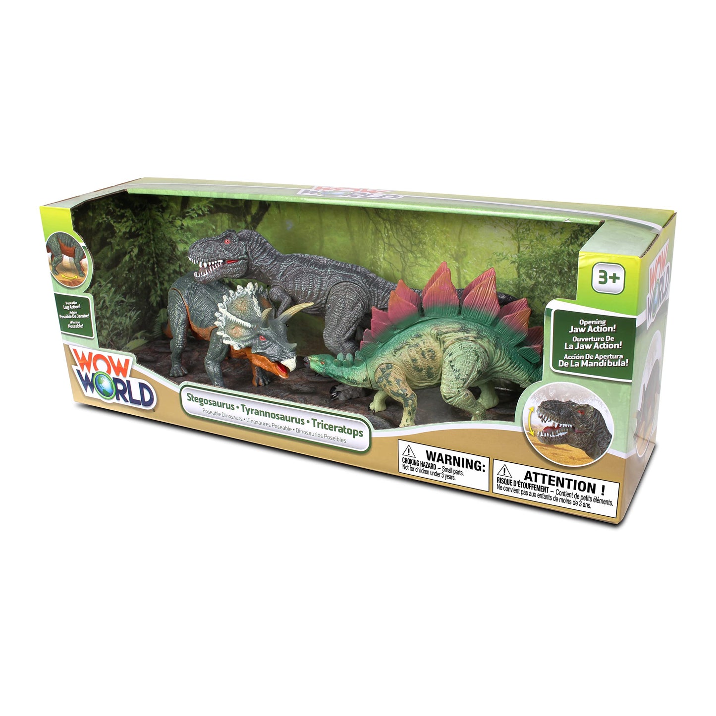 Nkok Wowworld Poseable Dinosaurs Playset Medium 3-Pack Set (T-Rex, Triceratops, Stegosaurus)