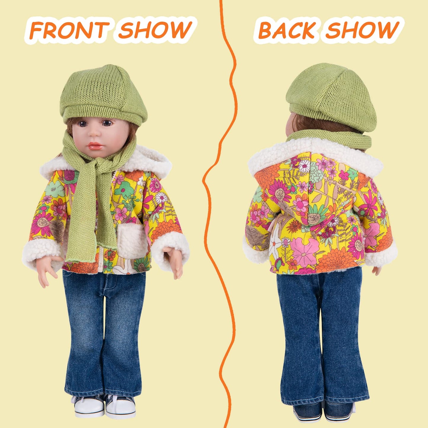Rakki Dolli Doll Clothes Set 5-Pc Fashion Mustard Winter Coat Set Includes Warm Coat, Shirt, Jeans, Yellow Knit Hat & Knit Scarf