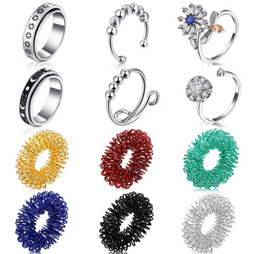 Mtlee 12 Pieces Fidget Anxiety Rings Including 6 Pieces Spiky Sensory Finger Spinner Rings, Anxiety Toys, Zircon Circle With Beads For Women Men(Classic Style)
