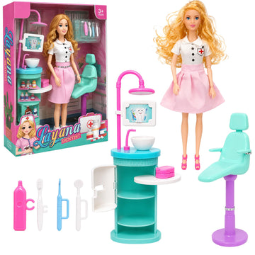 DZLING Dentist Doll Playset for Girls, Fashion Doll with Dental Clinic Chair, Medical Accessories, Pretend Play Doctor Toy Set, 