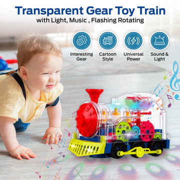 Tooty Toy Music Train Toy With Led Light Up For Kids - Colorful Moving Transparent Gears For Toddlers -Tummy Time Crawling Baby Toys -Ideal Gift For Boys Girls