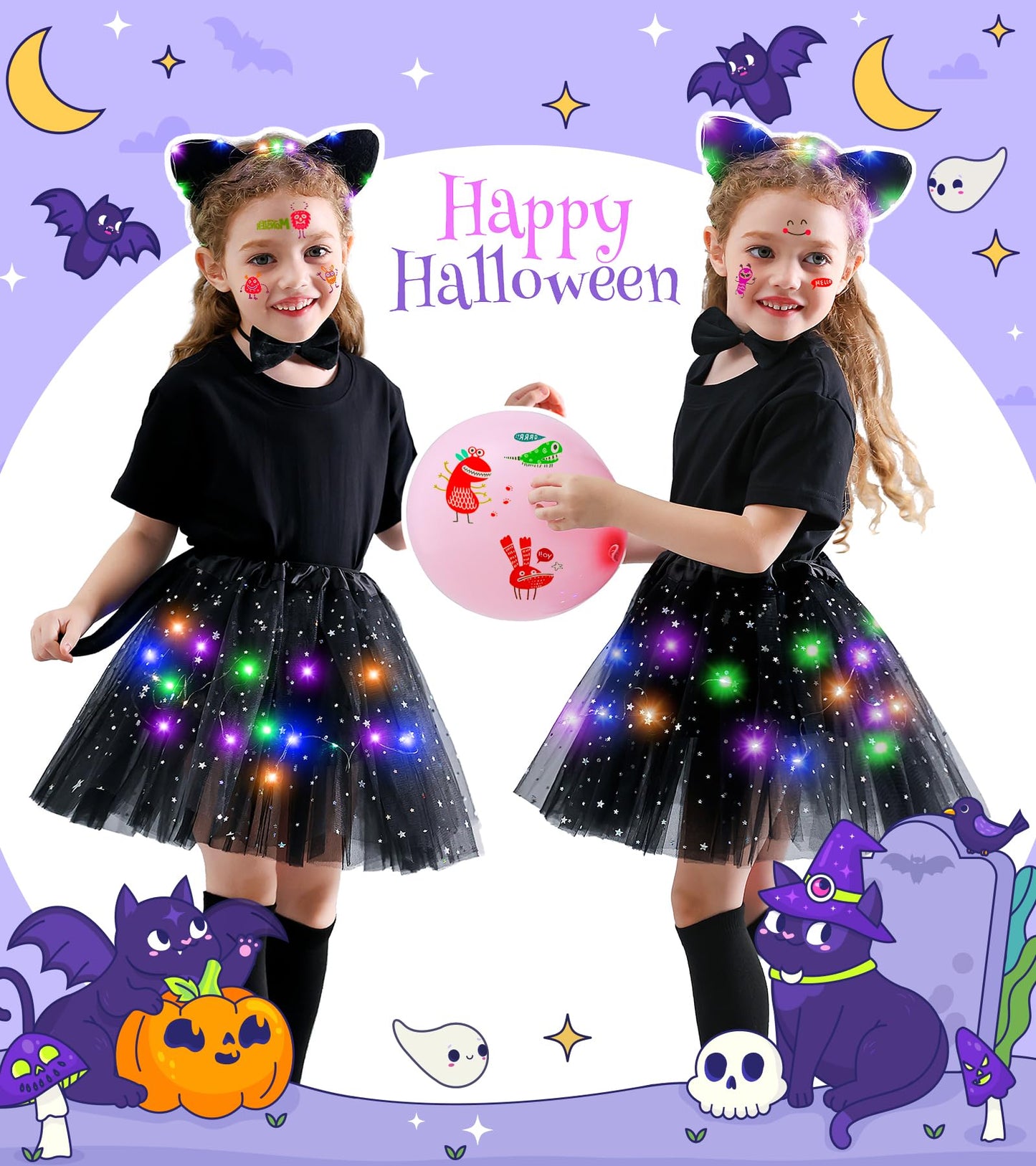 Teuevayl Black Cat Costume for Girls, 7 Pcs Kids Cat Costume with LED Light Up Tutu Skirt Cat Ears, Halloween Costumes for Girls