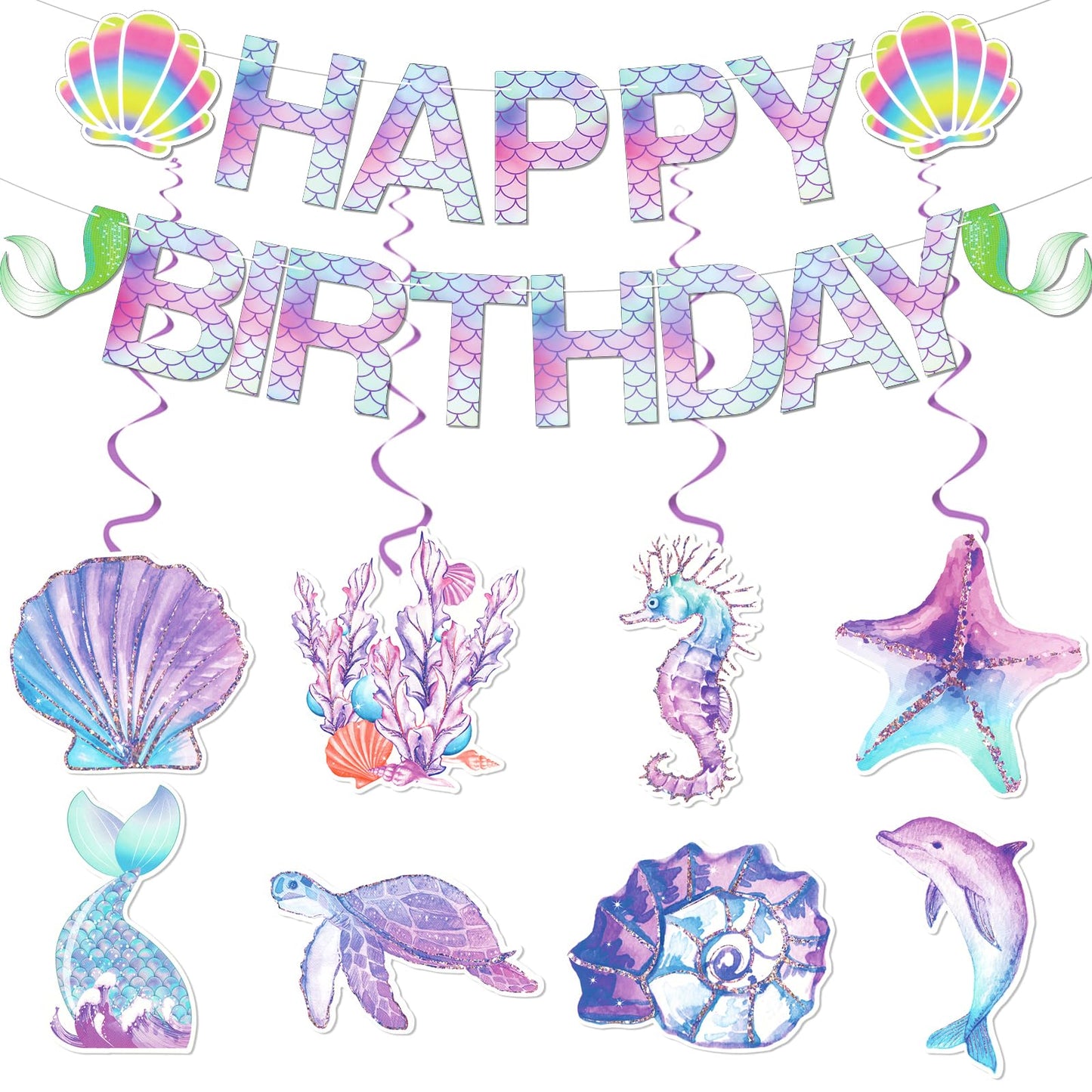 Ipartycool Mermaid Birthday Decorations, Happy Birthday Banner, Happy Birthday Sign Hanging Swirls Birthday Decorations For Wome