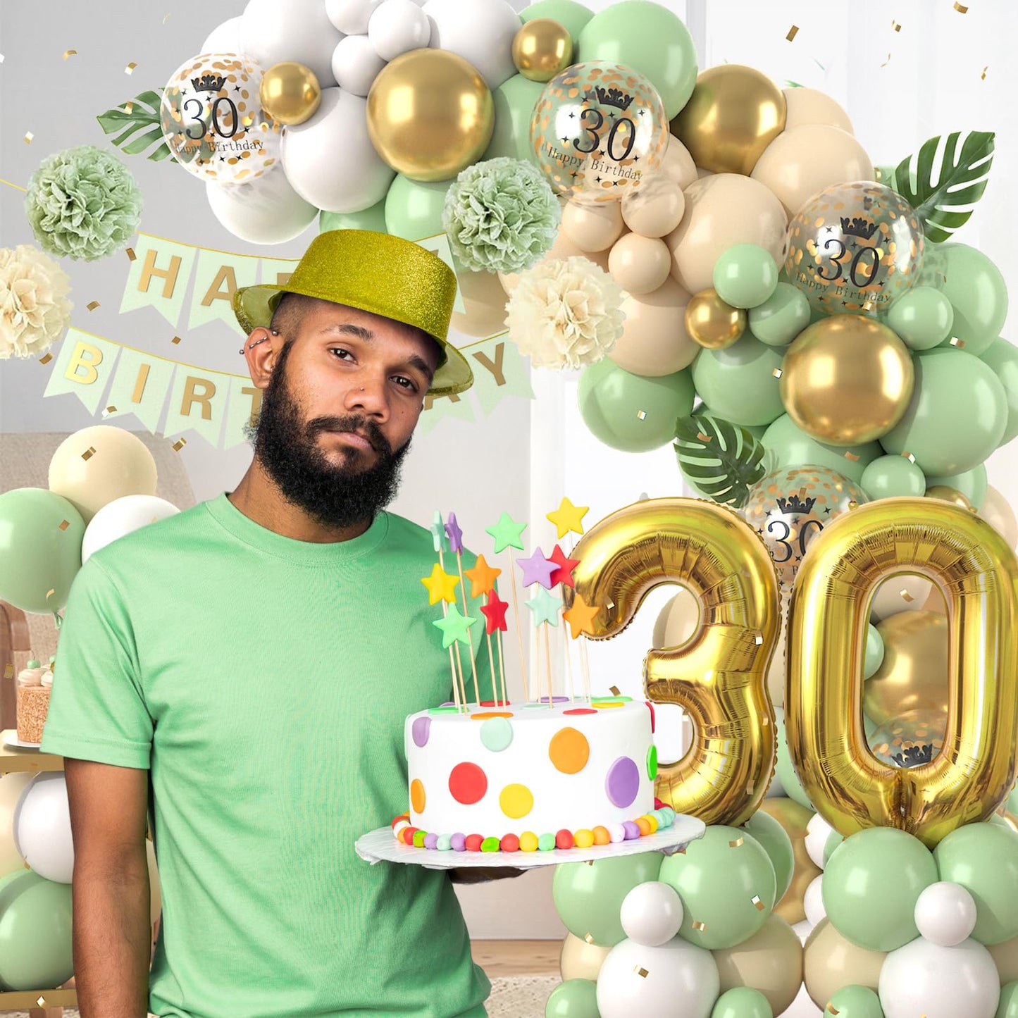 30Th Birthday Decorations Sage Green,30Th Birthday Balloon Garland Party Decorations With Number 30 Foil Balloons,Happy Birthday