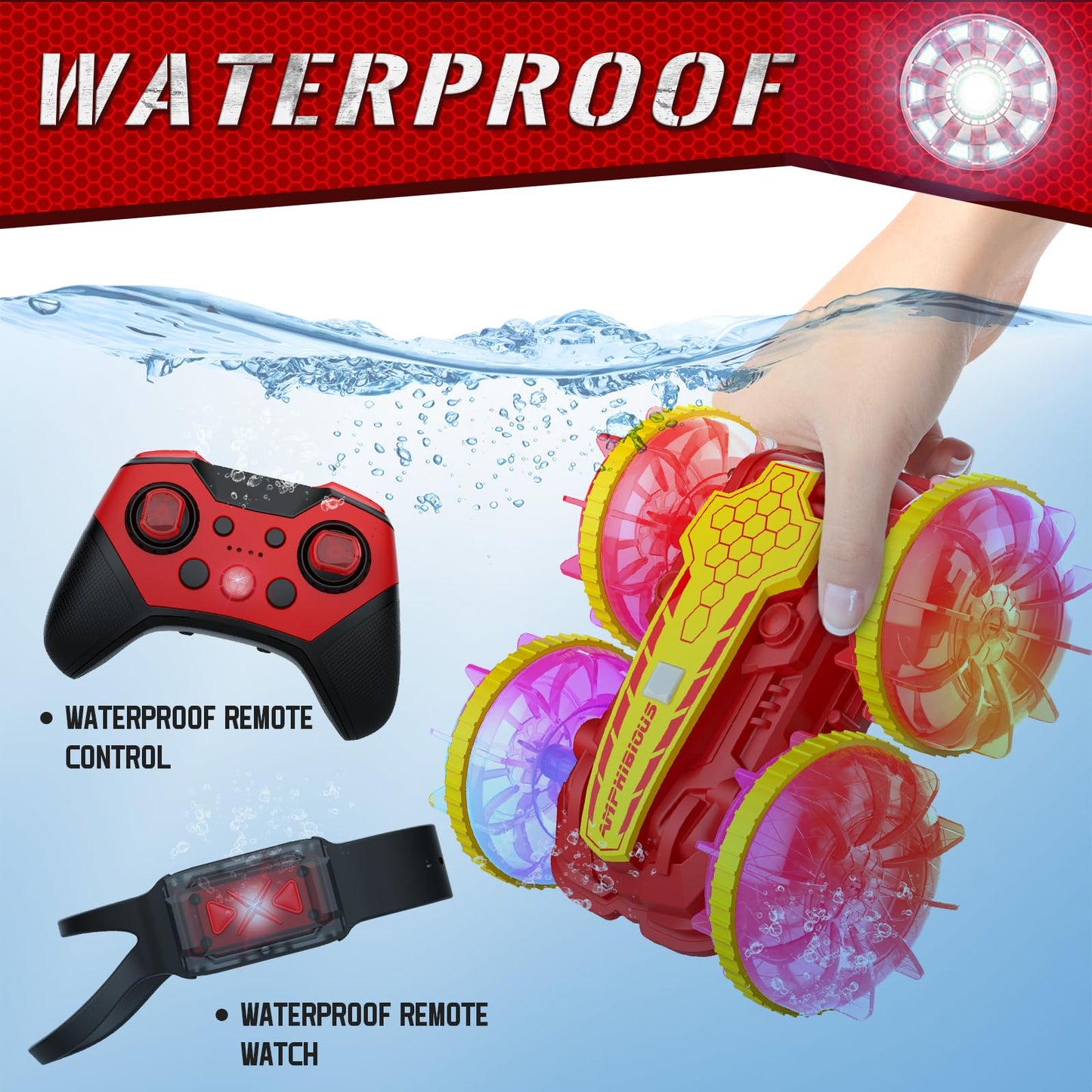 Amphibious RC Car with Lights for Kids 6-12 Year Old Gesture Sensor RC Stunt Cars Boat 4WD 2.4GHz Waterproof Hand Controlled Rem