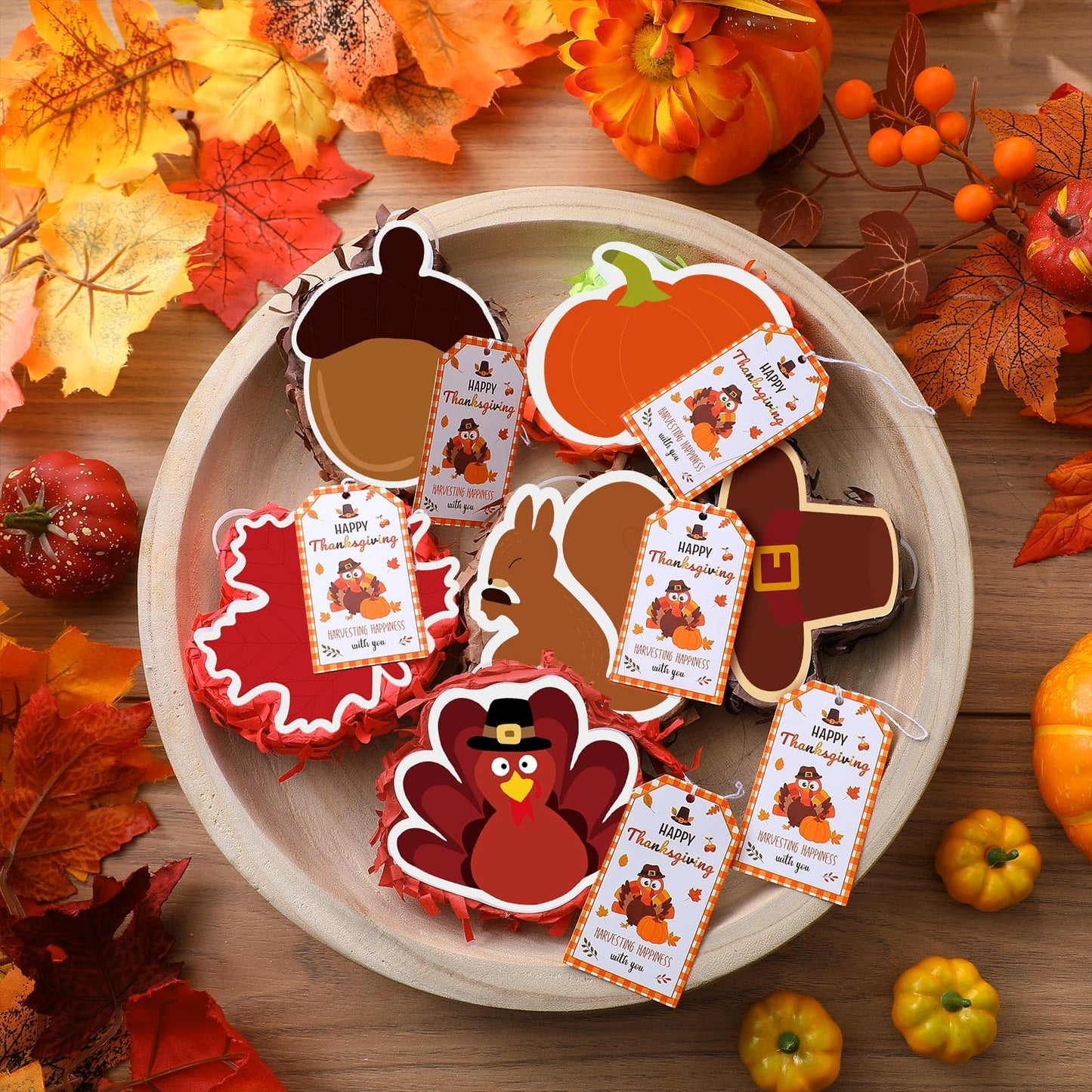 Poen 6 Pcs Thanksgiving Mini Piata Mini Turkey Squirrel Pine Cones Pumpkin Maple Leaves Piata with Greeting Card for Thanksgivin