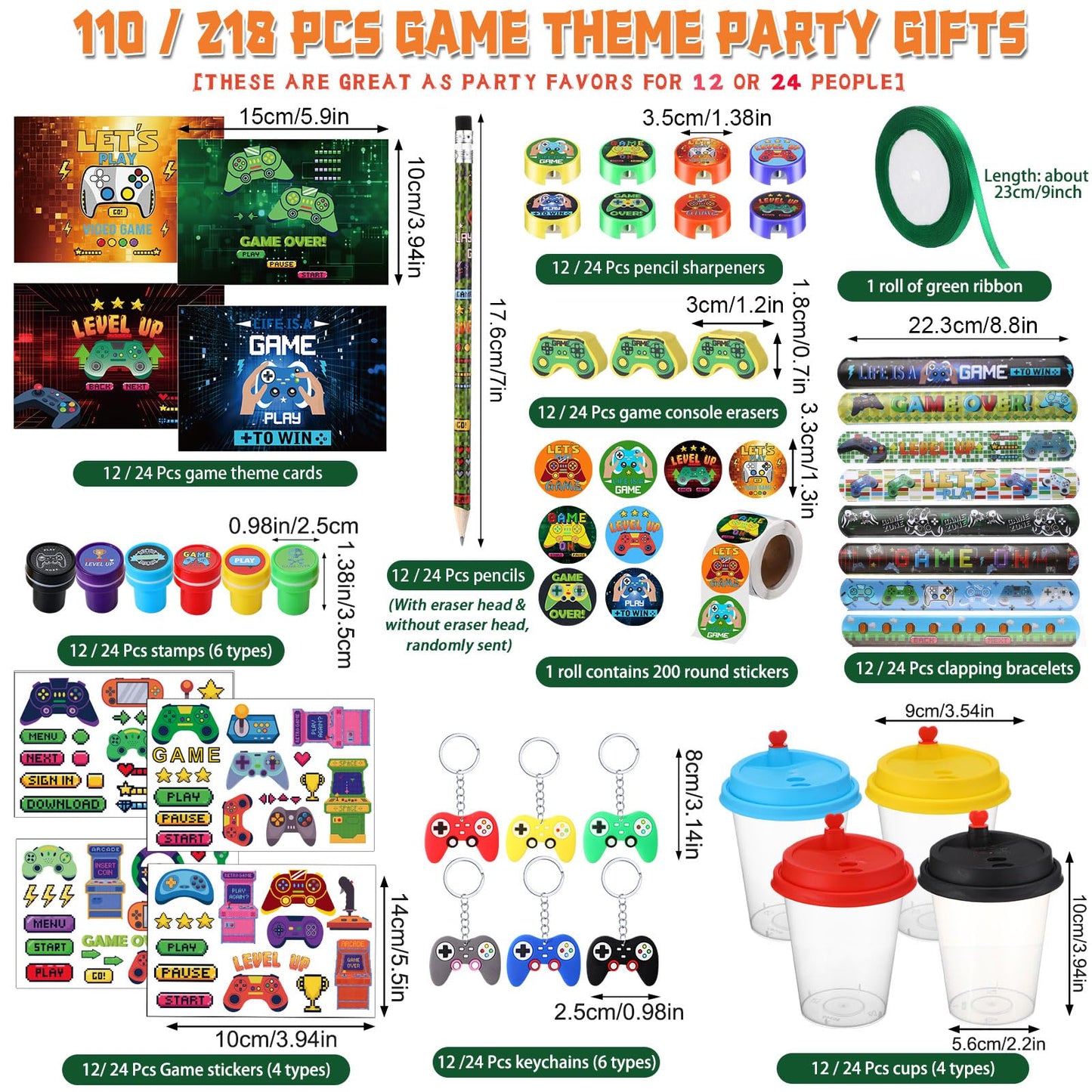 Watersay 218 Pcs Video Game Party Favors Set Includes Drink Cup with Lid Game Card Pencil Sharpener Eraser Stickers Slap Bracele