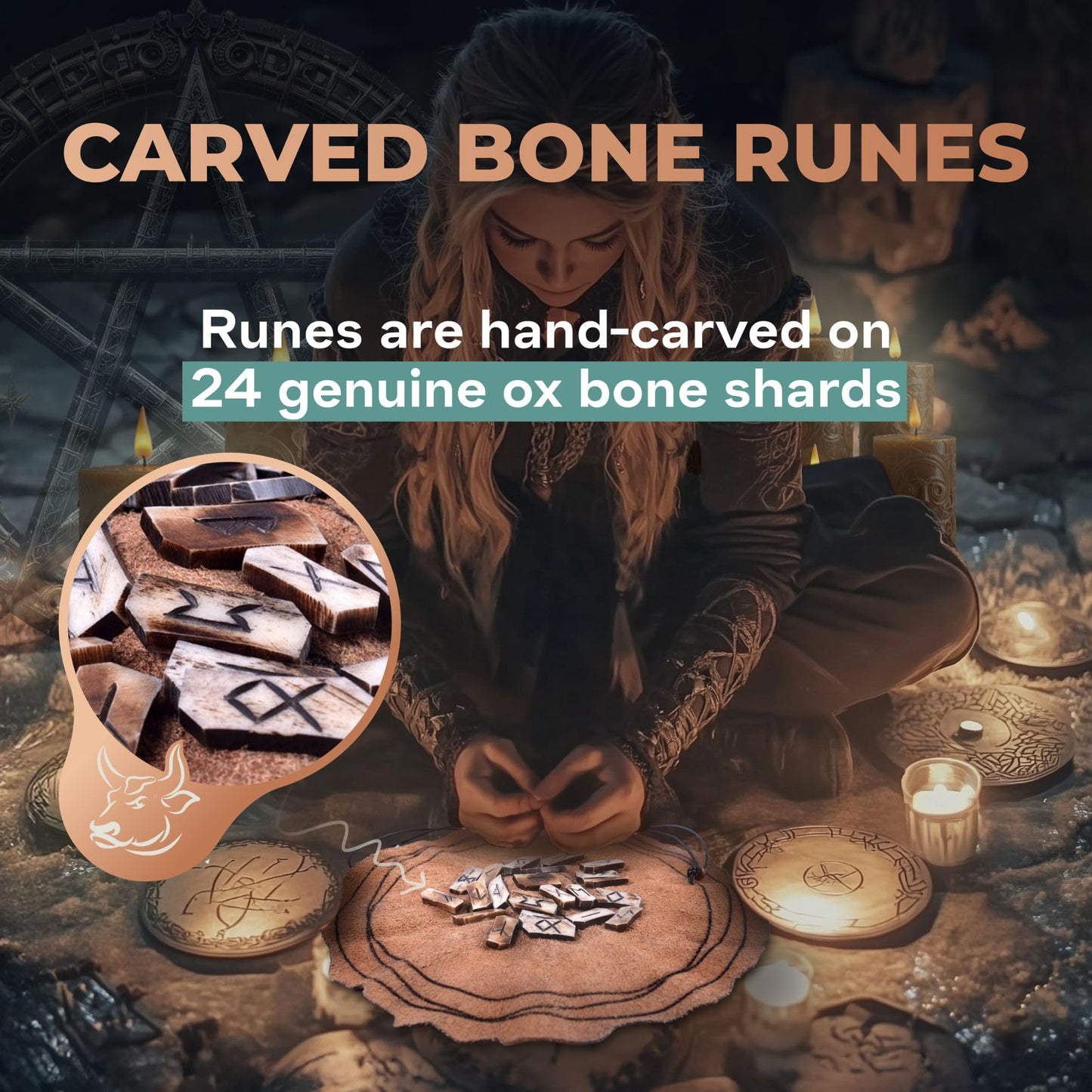 Viking Rune Divination Set with Genuine Bone Elder Futhark Runestone Pieces & enhanced Leather Divination Mat