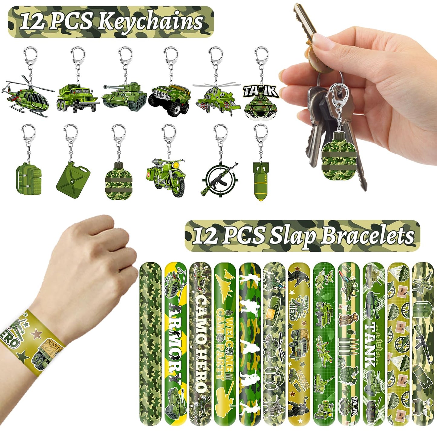 122 PCS Army Party Favors, Military Camo Temporary Tattoos Slap Bracelets Keychains Stickers Badges Goodie Bags Soldiers Figures