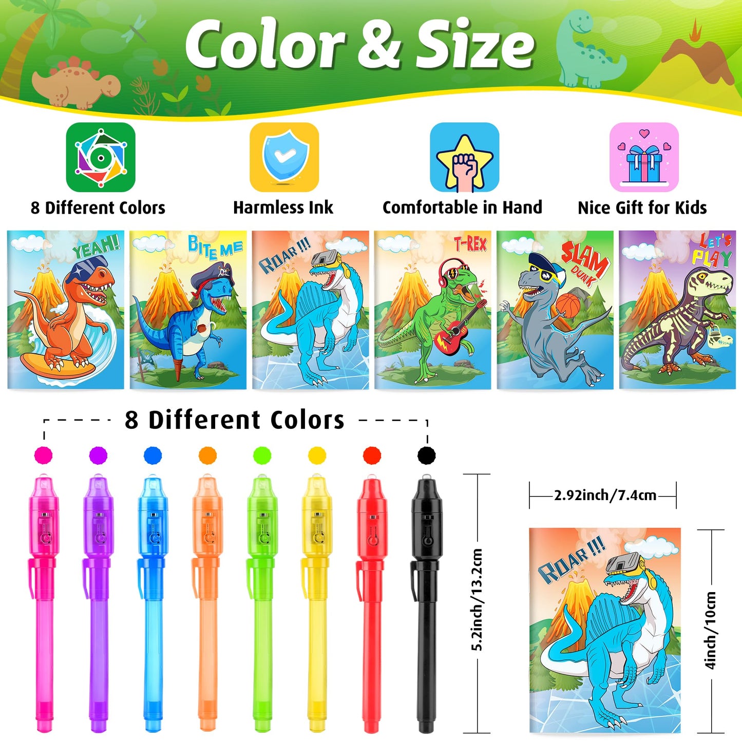 Giftinbox Invisible Ink Pens With Uv Light For Kids, Spy Pen Dinosaur Party Favors For Kids, 24Pack Invisible Ink Pen And Notebook, Uv Pen For Secret Message Escape Room Birthday Party Favors For Kids