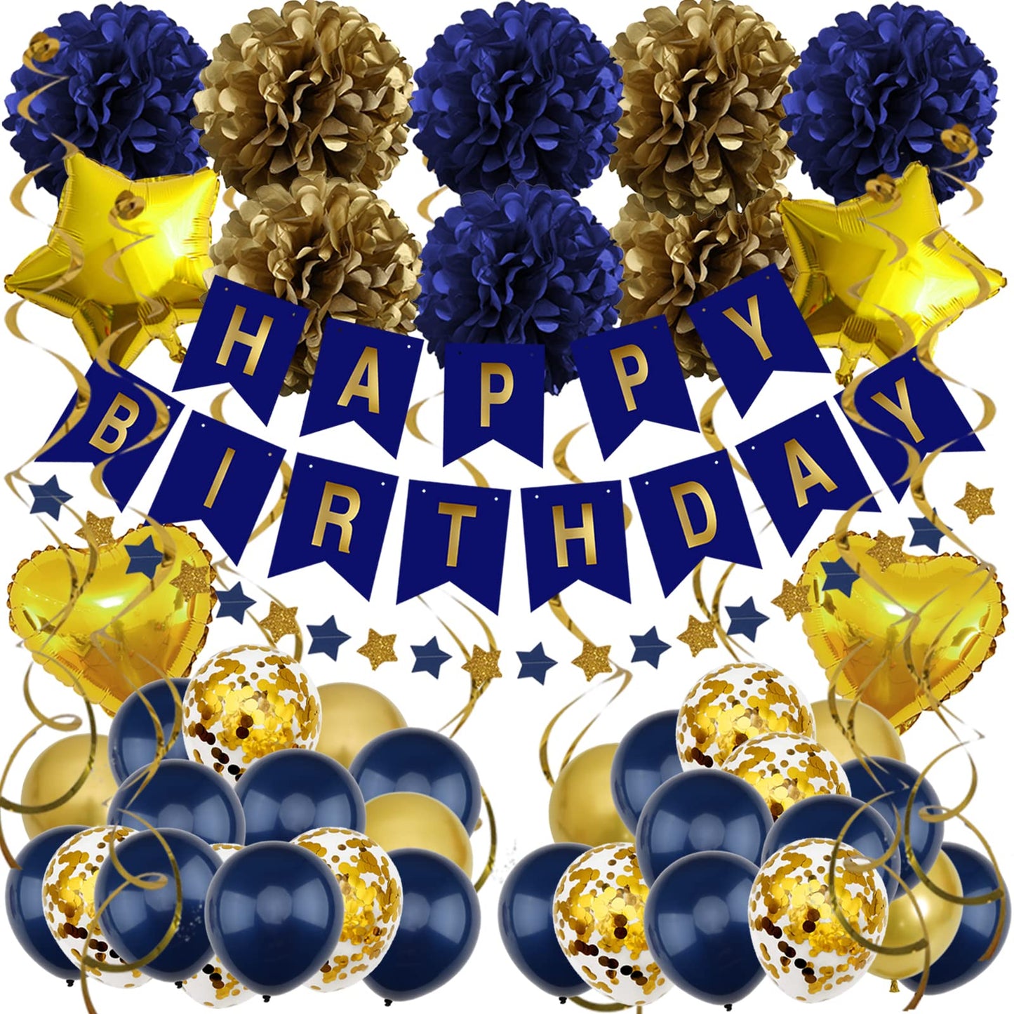 Zerodeco Birthday Decorations, Navy Blue Gold Birthday Party Decorations Happy Birthday Banner Pompoms Balloon For Boys Girls Me