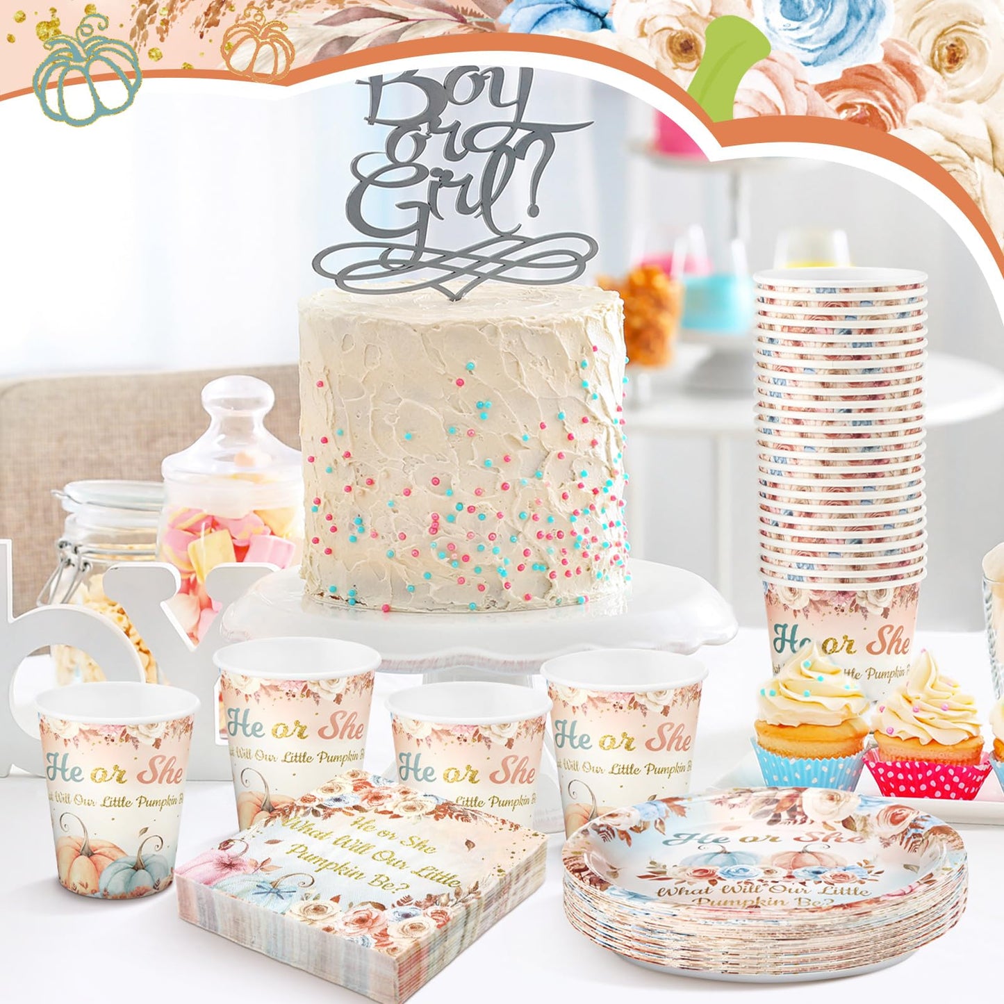 Hushee 200 Pcs Pumpkin Gender Reveal Baby Shower Paper Plates Napkins Cups Baby Shower Party Supplies Tableware Set Disposable C