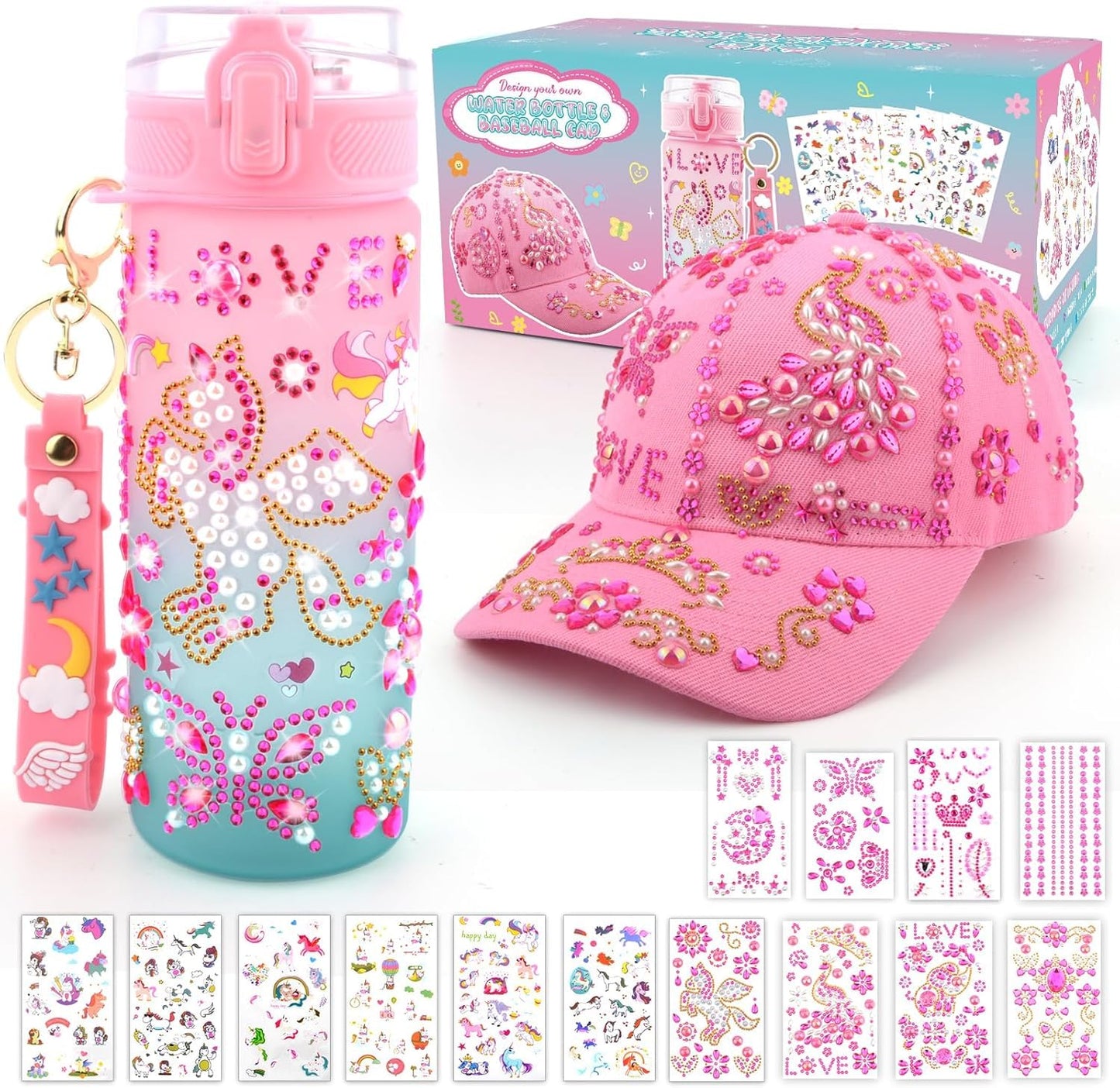 Valentines Day Gifts Gifts for Kids, Decorate Your Own Water Bottle and Baseball Cap, Birthday Gifts for Girls Ages 4-6, Fun Art