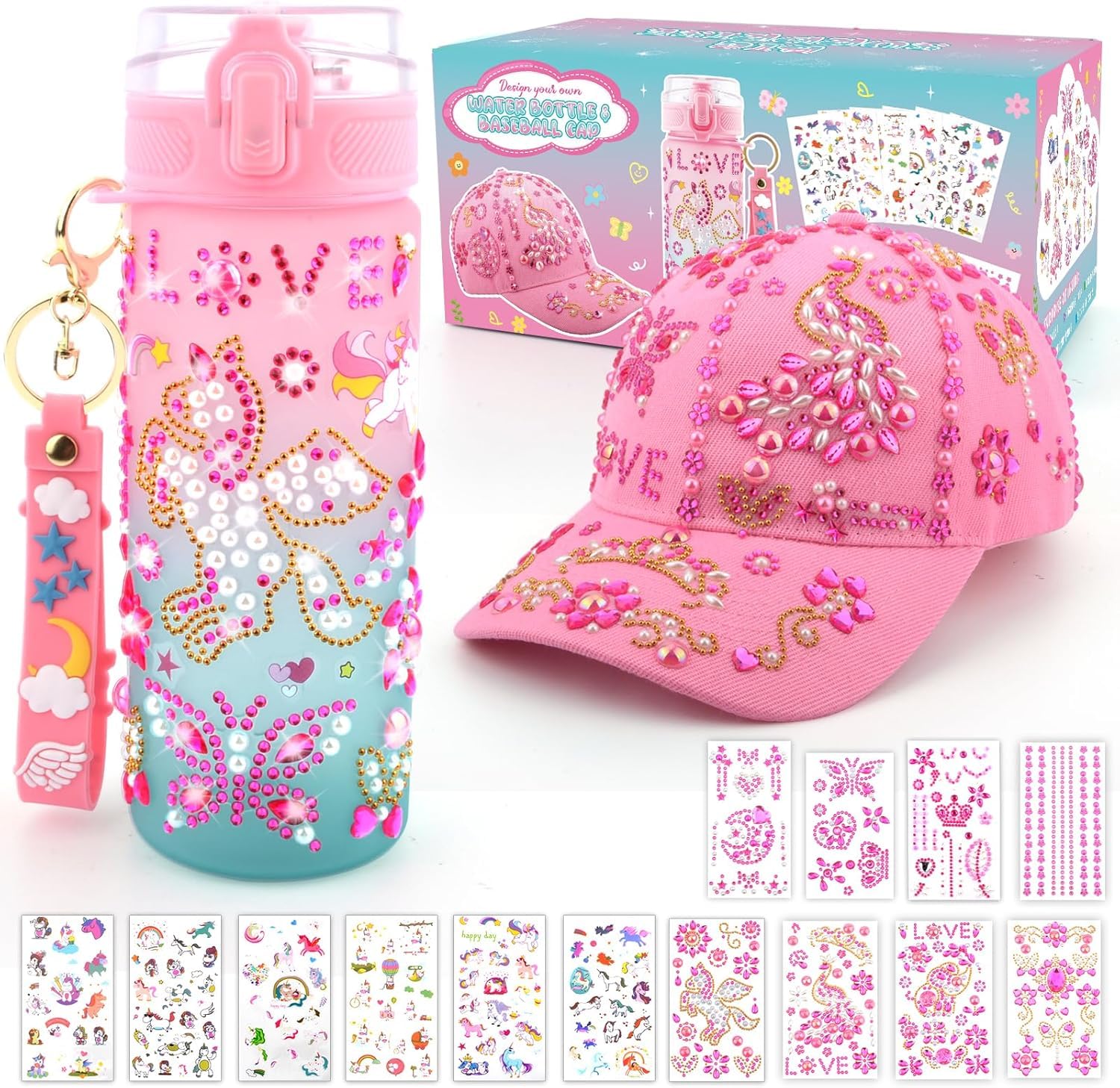 Valentines Day Gifts Gifts for Kids, Decorate Your Own Water Bottle and Baseball Cap, Birthday Gifts for Girls Ages 4-6, Fun Art